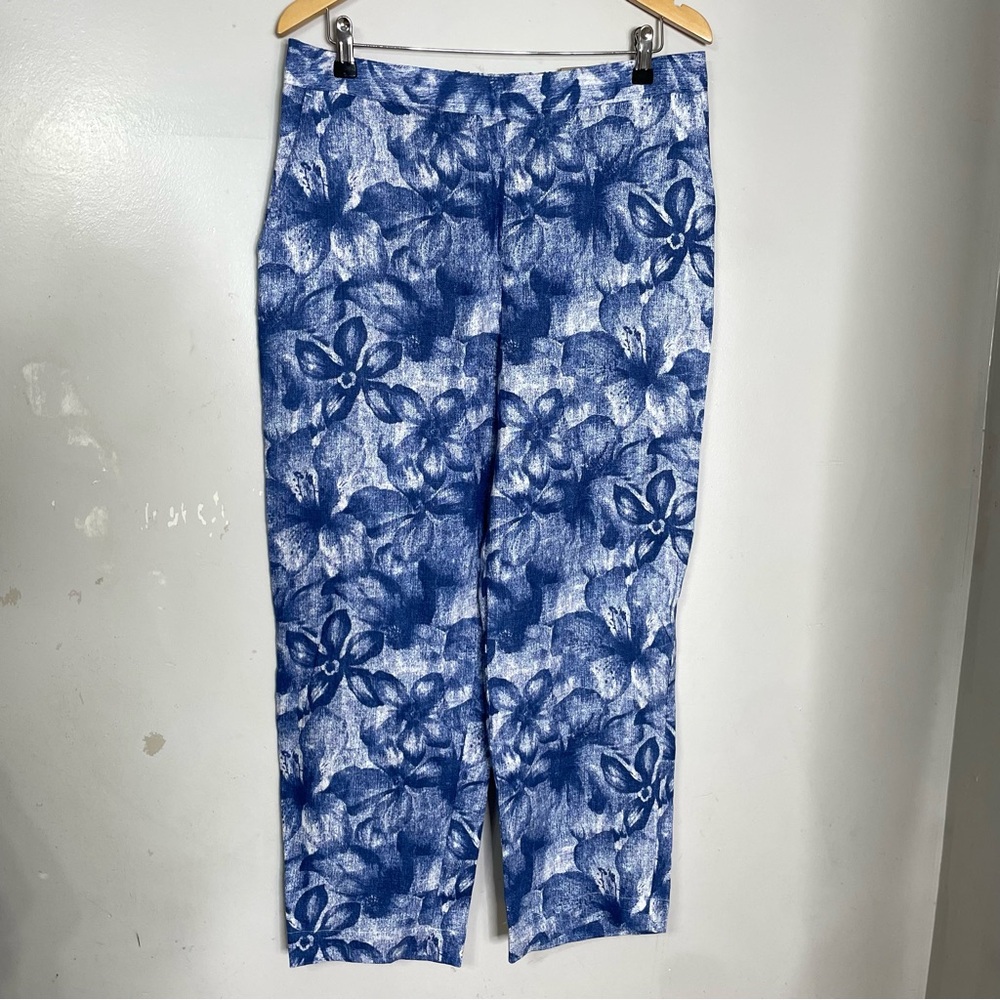 Chicos‎ Blue Floral Printed Coastal Modern Boho Pull On Linen Ankle Pants 1.5 10